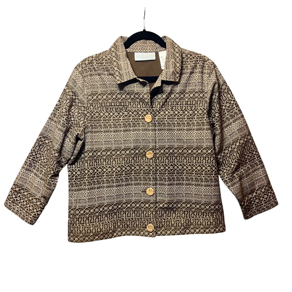 Vintage First Issue Liz Claiborne Abstract Print Jacket XL‎ Brown Button Up